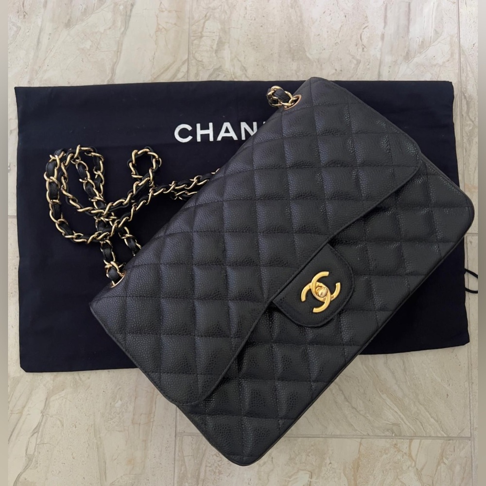 CHANEL Black Quilted Caviar Leather Classic Medium Double Flap – Gold Hardware
